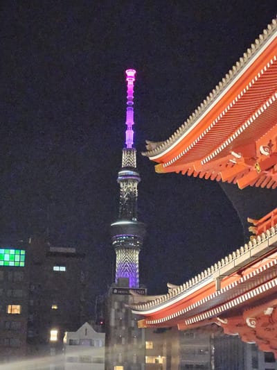 The image captures the Tokyo Skytree illuminated in purple, framed by the architectural details of a traditional Japanese structure, presumably a temple or shrine, with its red roofs and intricate ornamentation. The scene is set at night in Taito, Japan, with city lights visible in the background. The image appears to be shot from a high vantage point, possibly a building, offering a unique perspective of the illuminated tower juxtaposed with the historic architecture.