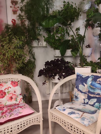 The photograph captures an interior space in Kotlas, Russia, featuring two white wicker chairs positioned in what appears to be a sunroom or indoor garden area.
Each chair is adorned with cushions; the left chair features a cushion with a floral pattern dominated by pink and red hues, while the right chair has cushions with a bird-themed design in shades of blue and white.
Behind the chairs, a wall is covered in a variety of potted plants, creating a lush, green backdrop. The plants are arranged on shelves and at ground level.
Several dolls are displayed on the wall among the greenery, adding a whimsical touch to the space. The scene is illuminated by soft, indirect lighting, creating a relaxed and inviting atmosphere.