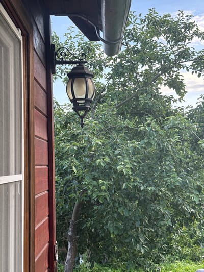 The image shows an outdoor scene with a red wooden wall on the left and a large tree filled with green leaves on the right. A black lantern with a rounded glass shade is attached to the wooden wall by an ornate black bracket. Above the lantern, a gray gutter pipe is visible attached to the underside of a roof overhang. The sky is blue with some white clouds. The overall impression is of a residential backyard or garden area, likely in a rural or suburban setting.
