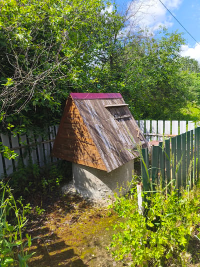 The image shows a well in an outdoor setting. The well has a concrete base and a wooden, A-frame roof with a red-colored metal covering. The wooden structure is weathered, with visible planks and a small opening or hatch. The well is surrounded by a fence made of both white and green vertical planks. Lush green foliage and tall grass grow around the base of the well and behind the fence, partially obscuring it. In the background, more trees and greenery are visible under a bright, partly cloudy blue sky. A power line runs diagonally across the upper right portion of the image. The scene suggests a rural or garden setting, likely during the daytime, given the sunlight and shadows. There is no text visible in the image.