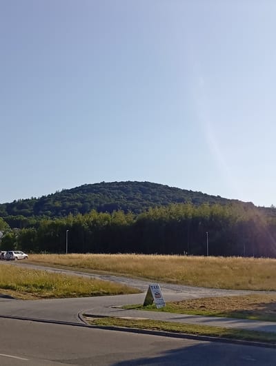 A wide-angle, low-angle shot depicts a sunlit day in Sobótka, Poland. The clear blue sky dominates the upper portion of the frame, with a faint lens flare visible on the right side. Below, a densely forested hill, likely the Slęża mountain, rises prominently, its green foliage lush and extending across the horizon. A line of darker trees forms a band at the base of the hill. In the mid-ground, a field of dry, golden grass stretches out, interspersed with patches of green. A paved road curves through the foreground, with a smaller gravel road branching off to the right. On the left side of the image, two vehicles are parked on the gravel road: a white SUV and a silver car. A black lamppost stands near the center of the frame, next to the gravel road. To the right of the lamppost, an A-frame sign advertises a taxi service, featuring the word "TAXI" in large letters and an image of a red taxi. The scene is peaceful and showcases the natural beauty surrounding Sobótka.
