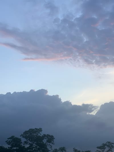 The image displays a sky with a gradient of light blue to pale yellow, indicating either sunrise or sunset, with scattered clouds. The clouds vary in texture and density, with some appearing wispy and others more voluminous. A few clouds are tinged with pink and purple, suggesting the presence of sunlight reflecting off them. In the lower part of the image, dark silhouettes of trees are visible against the lighter sky, with the tops of the trees forming a jagged line along the horizon. A small, dark object, possibly a bird or a drone, is visible in the upper-middle section of the sky, against the denser clouds. The overall scene is serene and natural. The image was taken in Karandugoda, Sri Lanka, a location known for its natural beauty and coastal landscapes.