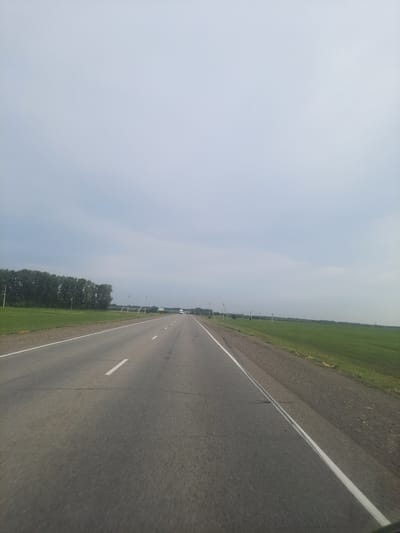 This media file shows a view from a vehicle traveling along a paved road in Bulanikha, Russia. The road has a white line marking its edge and a dashed white line down the center, indicating it is a two-lane highway. The road is flanked by a green field on the left and a wider expanse of green fields on the right. Overhead, a pale, overcast sky suggests it is daytime, possibly late morning or early afternoon, under cloudy weather conditions. In the distance, a line of telephone poles runs along the side of the road, and a few trees are visible. The overall scene depicts a typical rural highway in a flat, agricultural region. There is no visible text in the image.