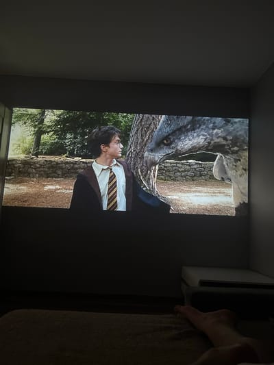 The media file is a photograph of a projection screen displaying a scene from a movie. The scene features a close-up of a wolf's head and an individual, likely a young person, wearing a Hogwarts uniform with a striped tie. The background suggests an outdoor setting with trees and a stone wall. The lighting on the screen indicates it is daytime, and the overall mood is dramatic. To the right of the projection screen, part of a bed with a person's bare foot resting on it is visible, along with a white object that might be a projector or a piece of furniture. The image is taken in a room with dark walls, suggesting a darkened environment for optimal viewing of the projection. There is no visible text in the image. The location context is Gliwice, Poland.