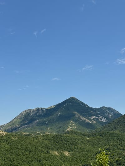 The image shows a panoramic view of a mountainous landscape under a clear blue sky with a few wispy clouds. The foreground is dominated by dense green forestation covering rolling hills. In the mid-ground, a larger, conical mountain rises, its slopes also covered in green vegetation, with some rocky, lighter-colored outcrops visible. The background consists of more distant, rugged mountains, also green and rocky. The scene appears to be a natural, undeveloped area, likely in a rural or wilderness setting. No people or man-made structures are visible. The location is identified as the city of Dragalj, Montenegro, a region known for its mountainous terrain and natural beauty.