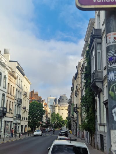 The image shows a street scene in Saint-Gilles - Sint-Gillis, Belgium. The street is lined with multi-story buildings, typical of European architecture, with balconies and ornate details. Some buildings have ivy growing on their facades. There is a mix of older architectural styles and more modern structures, including a tall glass building in the distance and construction scaffolding around a building with a domed roof.
The street is paved and appears to be a two-way road with parked cars on both sides. A few cars are visible in motion, including a white car in the foreground and a silver car further down the street. Pedestrians are present; one person is walking on the sidewalk, and another is seen in the distance near a shop. The sky is partly cloudy with a clear blue sky visible. A lamppost with stickers is in the foreground on the right side of the image. The scene suggests a typical day in an urban environment with a blend of residential and commercial buildings.