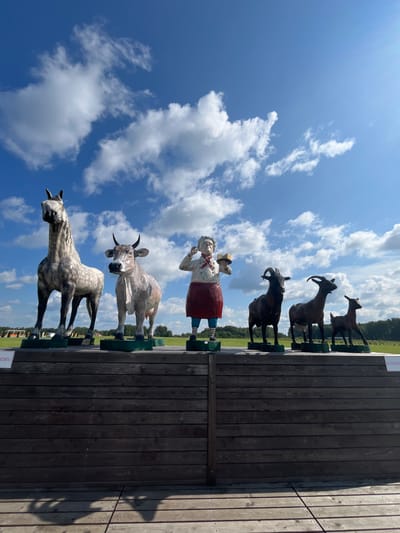 The photograph captures a sunny day with scattered white clouds against a bright blue sky. In the foreground, a wooden platform displays a series of large, colorful statues. From left to right, the statues depict a dappled grey horse, a light-colored cow, a human figure dressed as a chef holding a block of cheese, a dark brown goat, another dark brown goat with a lighter udder, and a small, dark brown fawn. The statues are positioned in a line on green bases. Behind the platform, a lush green field stretches towards a line of trees in the distance. The wooden platform itself is constructed from dark, horizontal planks. The overall scene appears to be an outdoor attraction or display in a rural or semi-rural setting. The image was taken in Kurtsevo (Kovriginskii S/S), Russia.