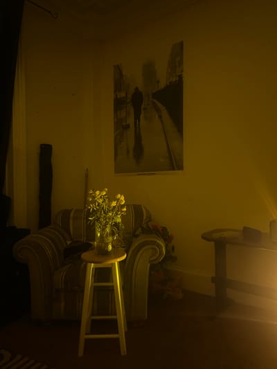 This media file depicts an indoor scene, likely a living room or common area, characterized by dim, warm, yellow-toned artificial lighting. The image's original orientation is rotated, showing the floor at the bottom right and the ceiling at the top left.
On the left wall, a large black and white framed poster or print is prominently displayed. It features a figure, possibly a man, walking in what appears to be a cityscape or street scene with reflections on a wet surface, suggesting rain or puddles. Along the right edge of this poster, visible text reads "James Dean - Broadway." Below the poster, a dark, horizontal fixture, possibly a shelf or decorative beam, is mounted on the wall. Further down, a decorative, dark metal hook or scroll-like object is visible.
Towards the center and right of the frame, a striped armchair or sofa with light-colored, ornate wooden armrests occupies a significant portion of the space. On or beside this armchair, a small, white wooden ladder-back chair is positioned. A clear glass vase containing a bouquet of yellow, possibly dried or artificial, flowers sits atop the furniture arrangement. Some red and orange artificial flowers or plants are also visible on the far right.
In the upper right corner, a light fixture, likely a lamp, is visible and emits a strong, warm light, creating a noticeable lens flare. The floor, visible at the bottom right, appears to be covered with a dark carpet or rug.
There is no discernible activity or event taking place; the image captures a static interior setting. The subdued, warm lighting suggests it is evening or nighttime. The scene conveys a cozy, quiet atmosphere. No specific location cues are visible within the image itself to confirm Dundee, United Kingdom.