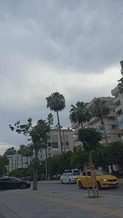 The image shows a street scene in Mersin, Turkey, on a cloudy day. In the foreground, there is a sidewalk with a tactile paving strip. A dark colored car is parked on the side of the road. A yellow taxi is driving on the road, with a white car behind it. In the background, there are several apartment buildings and palm trees lining the street. The sky is overcast with gray clouds. There are no people clearly visible in the image.