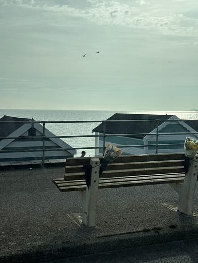 The image depicts a coastal scene in Southend-on-Sea, United Kingdom, likely viewed from a promenade or elevated walkway.

In the immediate foreground, a public park bench constructed of dark wooden slats and light-colored concrete supports is present. Two floral bouquets, wrapped in clear plastic and patterned paper, are secured to the concrete supports; one bouquet is affixed to the left support, partially obscured by a black umbrella hanging from it, and another is affixed to the right support. The ground beneath the bench is a dark, granular paved surface, likely asphalt.

A light-colored, multi-bar metal railing extends horizontally across the midground, separating the foreground from a lower level. Below this railing, a series of beach huts with pitched roofs are visible. The hut on the left exhibits white horizontal paneling alternating with darker blue-grey stripes. A partially visible hut to the right displays similar construction with white and light blue-green stripes. A single, indistinct person stands on the lower level between two beach huts, facing the sea, appearing as a dark silhouette.

The background consists of the calm expanse of the sea (Thames Estuary), stretching to the horizon under an overcast or partly cloudy sky. A horizontal strip of sunlight reflects brightly on the water surface near the horizon. Two dark avian silhouettes, consistent with gulls, are in flight in the upper-mid sky. A faint landmass is discernible on the distant right horizon.