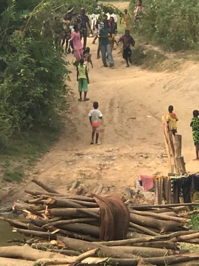 A group of people walk down a dirt road. They are of varying heights and wear a variety of clothing. A large bundle of wooden logs, bound together by a brown cloth, sits to the right. The left edge of the scene is lined with green vegetation. The road is tan and dusty, with scattered rocks and debris. A few wooden planks and other objects lie near the log bundle.