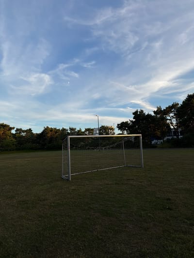 A soccer goal stands on a grassy field under a bright blue sky with wispy white clouds. The sun is low in the sky, casting a warm glow on the scene, suggesting it is either early morning or late afternoon. Tall trees with dense green foliage line the edge of the field, with some buildings visible behind them. A lamppost is also present near the goal. The image is oriented vertically, so the scene appears to be viewed from a low angle, looking upwards towards the sky. The overall mood is peaceful and serene, evoking a sense of calm and perhaps anticipation for a game. No people are visible in the image. There is no visible text in the image.