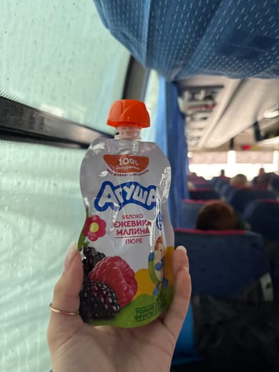 A person is holding a pouch of "Agusha" brand fruit puree in what appears to be a train carriage. The puree is apple, blackberry, and raspberry flavored. The background shows other passengers and seats in the train. The window is visible. The label is in Russian. The location can not be determined from the image.