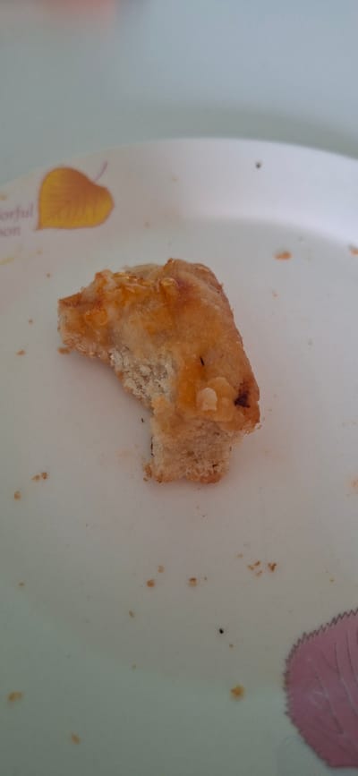 A close-up shot captures a small, partially eaten piece of pastry on a white plate with a faint leaf pattern. The pastry appears to be golden brown on top with some visible cheese or sauce, and a light-colored, crumbly interior. Several small brown specks, possibly crumbs or dirt, are scattered on the plate around the pastry. The background is a plain, light surface. The scene is domestic and does not suggest any specific urban location.
