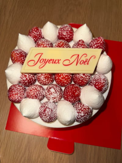 The scene, located in the city of Kawasaki, Japan, depicts a round cake resting on a bright red cardboard base. The cake surface is adorned with a dense arrangement of approximately 25-30 red strawberries, many visibly dusted with white powdered sugar, and interspersed with about 15-20 distinct conical dollops of white whipped cream or frosting. A central, rectangular, off-white edible plaque features the phrase 'Joyeux Noël' in red cursive script. The red cardboard base, which includes a bottom-center folded tab, is positioned on a light brown wooden surface with clear grain patterns. No individuals or actions are present in the frame.