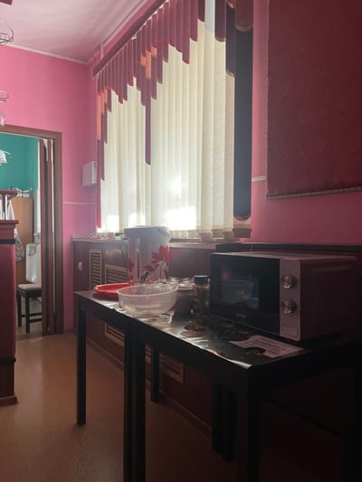 The image depicts an indoor scene, likely a kitchen or dining area, with bright pink walls and a large window covered by vertical blinds. A dark-colored table sits in the foreground, featuring a microwave, a clear bowl, and some jars. In the background, a large appliance with a floral pattern is visible, along with a red tray and glassware. The room also contains a doorway leading to another area, a radiator, and a wall-mounted unit. The lighting suggests it is daytime, with light filtering through the blinds. The overall impression is of a lived-in domestic space. The location is specified as Sorochinsk, Russia.