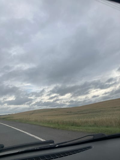 The image shows a view from inside a vehicle, looking out at a rural landscape. A paved road with a white line marking runs along the left side of the frame, leading towards a gently sloping hill covered in a golden-brown crop, likely wheat or barley. The sky above is overcast with heavy, textured gray clouds. In the distance, a faint line of trees and a small structure, possibly a tower, are visible on the horizon. The foreground of the image is dominated by the dashboard and windshield wipers of the vehicle. The overall impression is one of an open, agricultural area under a cloudy sky. The location is identified as Pekalinski Sel'ski Sovet, Belarus.