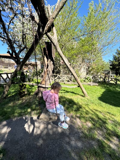 A young girl sits on a wooden swing suspended by chains from a tree branch structure in an outdoor setting. She wears a pink jacket, patterned leggings, and colorful sneakers. The environment includes trees with white blossoms and green foliage, grass, and a wooden fence. The scene appears to be in a park-like area, possibly in Kalimantsi, Bulgaria.