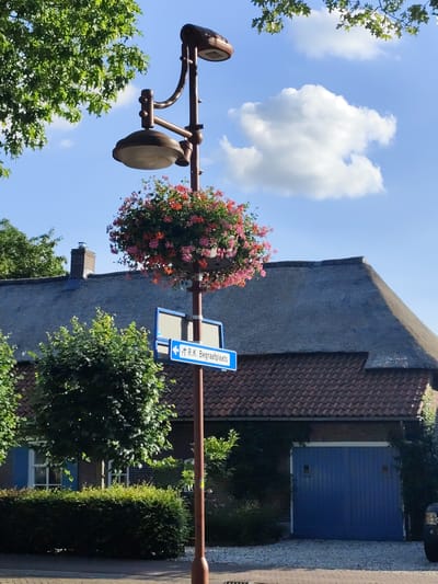 This image captures an outdoor scene on a sunny day in Schaijk, Netherlands. The focal point is a decorative lamppost adorned with a hanging basket overflowing with vibrant pink and red flowers. The lamppost has two light fixtures, one at the top and another lower down, both of which appear to be classic designs.

Below the flower basket, a blue street sign is mounted on the lamppost. The sign contains white text which reads "† R.K. Begraafplaats", indicating the direction to a Roman Catholic cemetery. A white arrow points to the left, accompanying the text.

In the background, a charming building with a thatched roof and a tiled roof extension is visible. The building has a large, rustic blue garage door. Lush green trees and hedges surround the building, adding to the pastoral ambiance. The sky is a clear, bright blue, dotted with fluffy white clouds, suggesting pleasant weather. The overall impression is one of a peaceful, well-maintained village setting. The time of day appears to be afternoon, given the bright sunlight casting shadows.