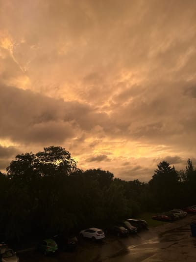 The image depicts a dramatic sky with orange and grey clouds, suggestive of twilight or impending storm. The foreground shows a dense line of dark trees silhouetted against the illuminated sky. Below the trees, a parking lot is visible, with several cars parked. The ground appears wet, indicating recent rain. The scene is captured from an elevated perspective, looking down onto the parking lot and trees. There are no people visible in the frame. The overall impression is one of a serene yet moody natural landscape adjacent to a suburban or urban setting.