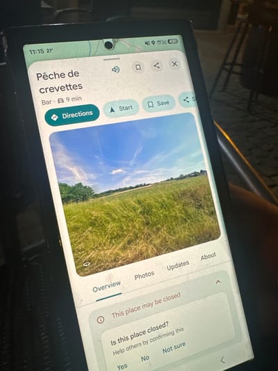 The image shows a smartphone displaying a Google Maps interface. The screen shows information about a place called "Pêche de crevettes" in Noyon, France, indicated as a Bar with a 9-minute travel time. The interface features navigation buttons like "Directions" and "Start," as well as options to "Save," "Share," and "Close." A large image of a grassy field under a blue sky with clouds is displayed. Below the image, tabs for "Overview," "Photos," "Updates," and "About" are visible. A section asking "Is this place closed?" prompts the user to respond with "Yes," "No," or "Not sure." The phone's status bar shows the time as 11:15, temperature as 21 degrees Celsius, and network signal as 4G with full bars. The device is held by a person whose arm is partially visible in the lower right corner, and they appear to be seated, possibly outdoors given the background elements.