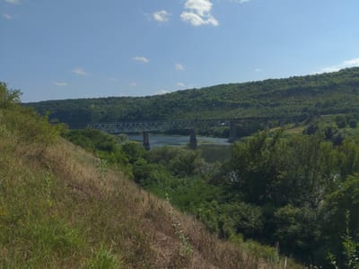 The image depicts a wide river with a long, metal railway bridge spanning across it. The bridge is supported by numerous concrete pillars and has a distinctive lattice structure. On either side of the river, lush green hills rise, covered in dense trees. The foreground of the image shows a steep, grassy slope with dry, brown grass and some scattered green vegetation. The sky is a clear, light blue with a few wispy clouds. The scene appears to be a scenic landscape view, possibly taken from a high vantage point overlooking the river and surrounding hills. The specific location of Zalishchyky, Ukraine, is mentioned, suggesting this is a view of the Dniester River and its famous horseshoe bend, with the railway bridge being a prominent feature of the area.