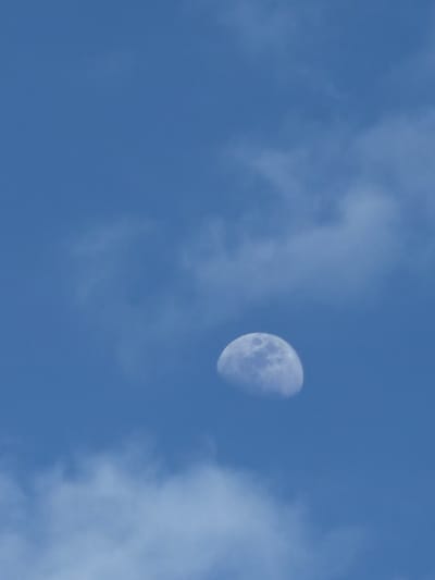 The image captures a segment of the moon, appearing as a crescent shape, against a backdrop of a bright blue sky. Wispy clouds are scattered across the sky, some partially obscuring the moon. The lighting suggests it is daytime, as the sky is clear and bright. The scene is a natural outdoor setting, likely viewed from ground level looking upwards. There are no people or man-made objects visible in the frame, with the focus solely on the celestial body and the sky. The image conveys a sense of calm and the vastness of the sky. No text is visible within the image.