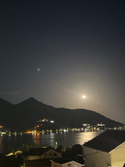 The image depicts a nighttime scene overlooking a body of water with mountains in the background. A bright moon is visible in the sky, illuminating the landscape. The shoreline is dotted with lights from buildings, suggesting a populated area. In the foreground, rooftops of houses are visible. The overall impression is of a serene, moonlit night in a coastal or lakeside town. The location is identified as Đurići, Montenegro.