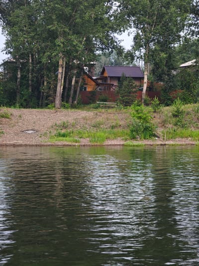 A vertical, medium shot captures a calm body of water in the foreground, with a gently sloping, wooded embankment and buildings visible in the background. The water is dark green with light reflections creating a textured surface. The embankment is covered in gravel and sparse green vegetation, with a few larger trees on the left. Behind the embankment, a wooden fence borders the property. Several wooden houses with dark-colored roofs are nestled among tall green trees. The sky above is overcast and light. The scene appears to be in a natural setting, possibly a residential area near a body of water, consistent with locations like Ермолаевский Затон, Russia, known for its dacha communities along the river.