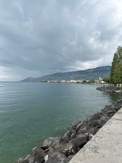 This image depicts a wide-angle view of the northern shore of Lake Geneva (Lac Léman) in Vevey, Switzerland, looking eastward. The sky is uniformly overcast with dense, dark grey cloud cover. In the foreground on the right, a light grey concrete promenade runs parallel to the water, bordered by a substantial riprap embankment consisting of large, dark grey, angular rocks that extend into the lake. The water of Lake Geneva occupies the majority of the left and central frame, appearing deep blue-green with visible clarity near the shoreline, revealing submerged rocks. Several yellow spherical buoys are distributed across the mid-distance on the water's surface, and a section of a white boat is partially visible on the far left. Along the distant shoreline, the urban area of Vevey is discernible, featuring numerous light-colored buildings and a prominent church spire situated at the base of the elevated terrain. The hills behind the city rise steeply and are covered with terraced vegetation, transitioning into forested areas. A line of tall, slender trees with green foliage stands along the right edge of the concrete promenade. Two indistinct human figures are seated on a low structure or bench near the water's edge under these trees on the right mid-ground.