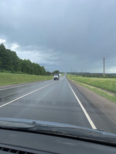The image shows a view from inside a vehicle, looking down a wet, asphalt road. The road has a single white line marking the lanes. In the distance, a white truck is visible on the road. The sky is overcast with dark clouds, suggesting rain. On either side of the road are grassy areas with some trees and bushes. Utility poles line one side of the road. The interior of the vehicle is partially visible on the right side of the image. The location is Кокино, Russia.