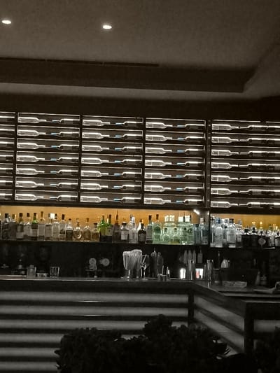 The image captures the interior of a sophisticated bar or restaurant, likely in Palaio Faliro, Greece, characterized by its extensive bottle displays and modern design. The scene is devoid of people, presenting a still shot of the establishment's setup.

The dominant feature is a large wall display consisting of multiple horizontal racks, each housing a single wine bottle. These racks are brightly backlit, causing the wine bottles to appear as luminous silhouettes against the glowing backdrop, creating a striking visual pattern across the upper half of the image.

Below this wine display, a well-stocked bar counter stretches across the frame. On the shelf behind the bar, a diverse collection of liquor bottles is arranged. These include various spirits such as gins (some with noticeable green tints), vodkas, whiskeys, and other liqueurs, highlighted by warm, downward-facing lights that bring out their colors.

The bar counter itself is dark, appearing to be made of a sleek material, possibly dark wood or stone. On the counter, standard bar equipment is visible, including cocktail shakers, several glasses, and a dispenser filled with straws. The ceiling above the bar features recessed spotlights, providing additional illumination to the space. Air vents are also noticeable on the ceiling. In the immediate foreground, a dark, low-lying object, possibly decorative foliage or a structural element, partially obscures the base of the bar.

The overall lighting suggests an evening or nighttime setting, creating an inviting and refined atmosphere. No discernible text or brand names are visible on the bottles due to the distance and image resolution.