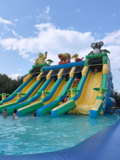 In the city of Gamovo, Russia, an inflatable water slide structure stands in a swimming pool on a cloudy day. The slide, adorned with inflatable jungle animals including a gorilla, a leopard, a bird, and a koala, features multiple yellow and blue slides that descend into the turquoise water. Several children are visible in the pool and on the slide. The inflatable structure is tall and wide, with a vibrant yellow, blue, and green color scheme. Trees and a fence are visible in the background, along with power lines. The scene depicts a recreational activity in an outdoor setting.