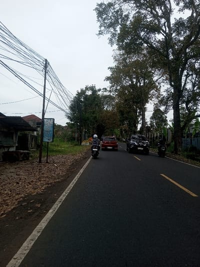 The scene depicts a road in Sat Thay (East), Myanmar, under an overcast, light grey sky. A dark asphalt road, marked with a solid white line on its left edge and broken yellow lines in the center, extends into the distance. In the left lane, a person on a dark scooter, wearing a white helmet and light jacket, travels away from the viewer. Behind the scooter, a red four-door sedan with license plate B 19XX XX follows. In the opposite lane, a black SUV with license plate B 1835 KJF approaches, its headlights illuminated. To the right of the SUV, another person on a dark motorbike is partially visible.
The left roadside features a dirt shoulder covered with brown fallen leaves and a wooden utility pole supporting numerous black electrical and communication wires. Adjacent to the pole is a small, partially obscured single-story building with a reddish-brown tiled roof. A blue and white rectangular sign on a pole reads "GM MOTOR" at the top, with additional Indonesian text below it listing services such as "SERVICE," "GANTI OLI," "BAN," "JUAL BELI MOTOR," and "CUCI MOTOR." Beyond this, scattered vegetation and another roof are visible. Further along the left side of the road, near the red sedan, a small pile of orange objects is present on the ground. The right roadside is lined with tall trees featuring dense green and brown foliage, with white structures partially visible behind them.