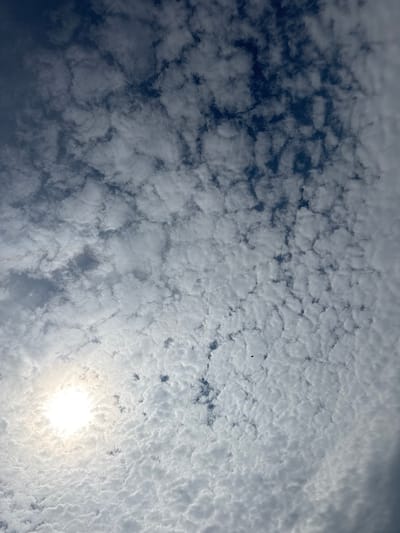The image depicts a sky filled with scattered clouds. The sun is visible in the lower left quadrant, casting a bright glow through the clouds. The clouds are textured and appear to be altocumulus or cirrocumulus formations, creating a mottled pattern across the sky. There is a small dark speck in the middle right that could be a bird in flight. The background is a deep blue sky, with some darker patches indicating denser cloud cover. The image was taken in Aiyrtau, Kazakhstan.