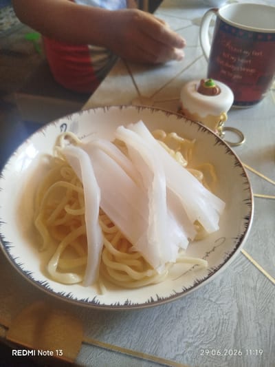 In Tokmok City, Kyrgyzstan, a close-up shot focuses on a bowl of noodles topped with white slices, possibly tofu or white asparagus. To the right, a mug with red and blue detailing is visible, next to a small, decorative item resembling a cupcake with a tiny figure on top. The setting appears to be a table, with a person's arm and shoulder in the background, clad in a red and white striped shirt. The timestamp "29.06.2026 11:19" and "REDMI Note 13" are imprinted on the bottom left and right corners of the image.