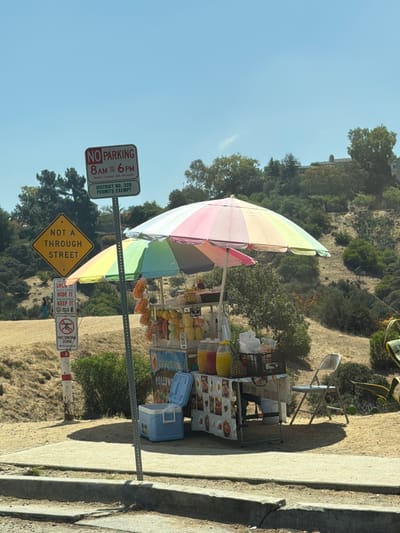 The image captures an outdoor scene on a sunny day, likely in Los Angeles, California, USA, featuring a roadside fruit stand. The fruit stand is adorned with a colorful, multi-hued umbrella and displays a variety of fresh fruits and beverages, including pineapples and juices in bottles. Bags of what appear to be snacks or dried fruit hang from the stand. A blue cooler is situated on the ground next to the stand. A folding chair is placed nearby, suggesting it's for customer use.
Several signs are prominently displayed. A "NO PARKING 8 AM TO 6 PM" sign is visible, with additional text indicating "DISTRICT NO. 320 PERMITS EXEMPT". Below this, a yellow diamond-shaped sign reads "NOT A THROUGH STREET". Further down the pole, there are other signs, one with text about locking, hiding, and keeping one's property, and another with a drone icon crossed out, labeling it a "NO DRONE ZONE".
The environment surrounding the stand appears to be a dry, grassy hillside, characteristic of some areas in Southern California. The ground is covered in dry vegetation, with scattered bushes and trees. In the background, a house or buildings can be seen nestled amongst the trees on the upper part of the hill. The foreground shows a concrete curb and sidewalk. Two individuals are faintly visible in the distance on the left side of the image, walking. The sky is clear and blue.