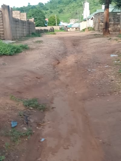 The image depicts an outdoor scene, likely a dirt road or path in a semi-urban or rural setting. The ground is uneven and appears to be made of packed earth, with evidence of tire tracks or foot traffic creating a worn path. Patches of green vegetation are growing along the sides of the path, particularly on the left. In the background, there are several structures, including walls made of concrete blocks, buildings with corrugated metal roofs, and a tall, white cylindrical structure that might be a silo or water tower. The overall impression is of a residential area, possibly in a developing region given the construction materials. The lighting suggests it is either early morning or late afternoon, with the sun casting soft shadows. There is no discernible activity or event taking place, and no people are visible. The scene appears somewhat unkempt, with some litter visible, including what looks like a blue plastic bag. The background rises to a gentle, tree-covered slope, characteristic of a hilly or mountainous terrain. No text is visible in the image.