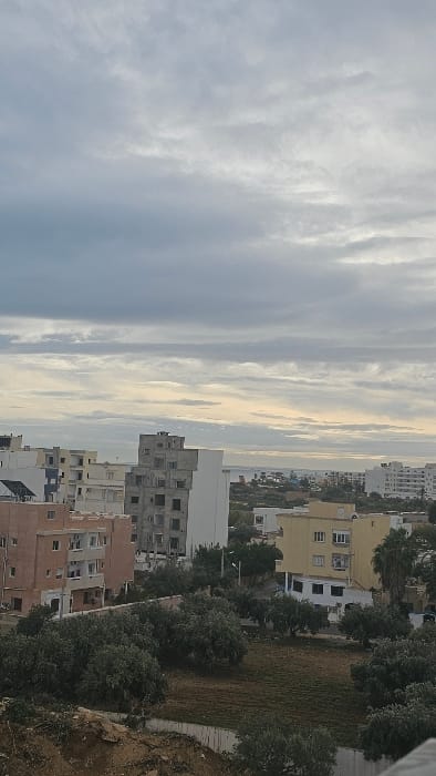 This image depicts an elevated view of an urban landscape in Sousse, Tunisia, under an overcast sky. The foreground consists of an earthen embankment on the left, transitioning to a plot of land dominated by numerous dense, dark green trees and a central patch of brown and green ground cover, bordered by a concrete retaining wall.

In the midground, a collection of multi-story buildings is visible. A prominent pinkish-brown residential structure with multiple windows and balconies is situated on the left. To its right and slightly behind, a tall, unfinished grey concrete building with exposed structural elements and numerous open window frames stands next to a tall, unadorned white building section. Further to the right, a yellow multi-story building with balconies is present, with a palm tree adjacent to it. Various other white and light-colored buildings are scattered throughout the midground, along with a street light.

The background reveals the Mediterranean Sea extending to the horizon, with a strip of urban development comprising white buildings lining the coastline. The sky is predominantly grey and white, covered by multiple layers of clouds, with a subtle yellowish luminosity along the horizon above the sea, indicative of low sun conditions. No people are discernible within the frame.