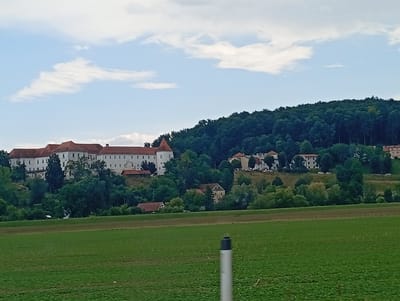 This image shows a panoramic view of the Hrastovec castle and its surroundings in Hrastovec v Slovenskih Goricah, Slovenia. The castle is a large, white building with red roofs, situated on a hill overlooking a lush green landscape. The hill is covered with dense, dark green trees, creating a stark contrast with the bright blue sky and white clouds. In the foreground, there is a vast green field, likely a cultivated area, with a slightly darker strip running across its width. A light-colored pole, possibly part of a fence or signpost, is visible in the lower right corner of the frame. The scene appears serene and undisturbed, depicting a rural setting with a historical landmark.