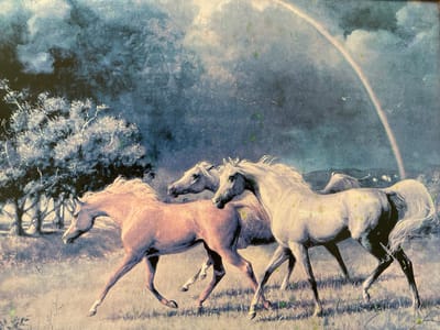 The image is a painting depicting three horses galloping through a field under a dramatic sky. The sky is dark and cloudy, with a hint of a rainbow arcing across it, suggesting a recent or impending rain shower. The light is diffused, implying it's either dawn or dusk. The horses are the primary subjects, with one in the foreground appearing to be a reddish-brown color, while the other two behind it are lighter, almost white. They are captured in motion, their manes and tails flowing. The background shows a sparse wooded area with bare trees, characteristic of a temperate climate, and a grassy field. There are small, light-colored birds flying in the distance, and the overall atmosphere conveys a sense of freedom and wildness. The texture of the painting, with visible brushstrokes and some scattered green speckles, gives it an artistic quality. There is no visible text in the image.