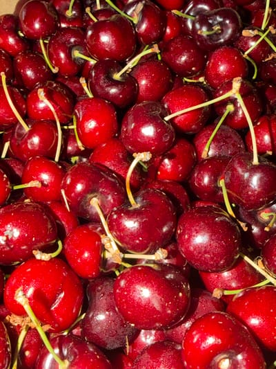 The image displays a close-up, overhead view of a pile of fresh, ripe cherries. The cherries are a deep red color, with some appearing almost black, and have a glossy sheen. Several have thin, green stems attached. The lighting suggests a bright, possibly natural light source, highlighting the smooth, rounded surfaces of the fruit. The cherries are densely packed, with some overlapping others, creating a rich texture. The overall impression is one of abundance and freshness. There are no people or text visible in the image. The context provided, "Aespa, Estonia," suggests a possible origin of the fruit or the location where the photograph was taken.