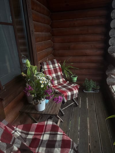 A covered porch of a wooden cabin in Shebarshino, Russia. The porch is furnished with two folding chairs draped with red and white checkered blankets. A small wooden table holds two pots of flowers, one with white daisies and the other with purple blooms. Behind the table and chairs, several potted plants are arranged along the wall. The cabin walls are made of dark, horizontal logs. The floor is made of dark wooden planks. The overall impression is one of a cozy, rustic outdoor seating area.