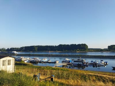 This image depicts a serene waterside scene, likely a marina or harbor, on a clear day. In the foreground, a small wooden shed with two windows and a double door stands on the left, partially obscured by tall, dry grass and vegetation. To the right of the shed, a piece of industrial equipment with a blue wheel is visible among the vegetation.
The middle ground features a calm body of water, possibly a river or a canal, lined with a concrete embankment. Several boats are moored at a dock. These include various types of vessels, such as a white sailboat, smaller motorboats, and a larger multi-decked structure that appears to be a houseboat or a floating platform. Across the water, a dense line of trees forms a natural backdrop, suggesting a wooded area on the opposite bank. In the distance, a larger ship is navigating the waterway.
The sky is a clear, pale blue, indicating fair weather. The overall impression is one of tranquility and quiet activity at a waterside location. Based on the presence of the Rhine river and the general landscape, this scene is likely situated in Leverkusen, Germany.