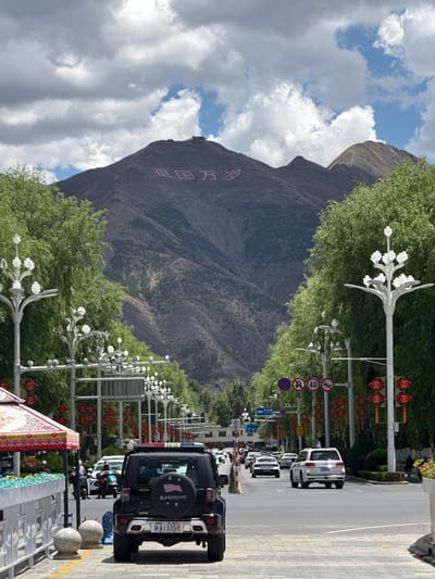 The image captures a street scene in what appears to be a town or city, with a large mountain dominating the background under a partly cloudy blue sky.
The paved street extends from the foreground into the distance, lined on both sides by green trees and ornate white lampposts designed with multiple petal-like lights. Red decorative lanterns or banners are visible hanging along the roadside, adding a cultural touch. Various traffic signs are present, including a circular sign indicating a "40" km/h speed limit and other regulatory signs.
A line of vehicles, primarily SUVs and cars, is visible on the right side of the street. In the immediate foreground, a black SUV is parked, featuring a spare tire cover with "BJ40 BEIJING" printed on it and a small "POLICE" text on its rear window. The license plate of this vehicle reads "陕A1335S". Further down the road, a white SUV is visible with the license plate "蒙A0MS60".
The prominent mountain in the background has large red characters inscribed on its face, which read "祖国万岁" (Zǔguó wànsuì), translating to "Long live the Motherland." The scene is illuminated by bright daylight, suggesting it is late morning or afternoon. The overall impression is one of a developed area situated against a dramatic natural landscape.