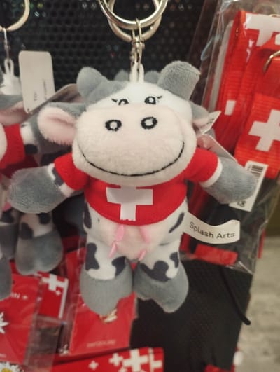 The image presents a close-up of a plush cow keychain, prominently displayed against a dark, textured background, likely within a souvenir shop. The cow, the main subject, is made of soft, fuzzy material, primarily white and gray with black spots. It features a cheerful, smiling face with black oval eyes and a stitched black smile. The cow wears a bright red t-shirt with a distinctive white cross on the front, clearly representing the Swiss flag. Its small belly is a light pink.
The cow is suspended by a shiny metal keychain ring. In the background, other similar keychains and merchandise are visible, some packaged in clear plastic, also incorporating the red and white Swiss flag design. The scene suggests a retail environment where souvenirs are sold.
Notable details include the clear national symbolism of the Swiss flag on the cow's attire, indicating the item is a souvenir from Switzerland. The provided context confirms the location is Bellinzona, Switzerland. The lighting suggests an indoor setting.
Visible text includes a white tag in the upper left background with "To:" and "From:" printed vertically. A white label attached to the cow's right arm clearly reads "Splash Arts". Partially visible text on other merchandise in the background includes "SWITZERLAND" and a barcode.