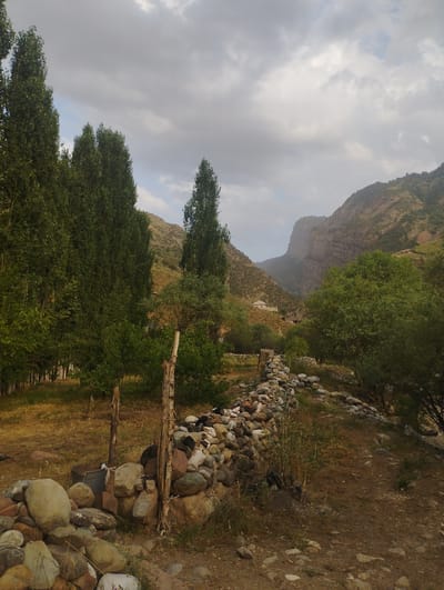 This image depicts a scenic, rural landscape in Chaknak, Uzbekistan, likely in the late afternoon given the warm, slanting sunlight. The scene is dominated by a valley framed by rugged, mountainous terrain. In the foreground, a low, rustic stone wall meanders across the frame, constructed from a variety of natural stones of different sizes and colors. Next to the wall, a weathered wooden post stands upright, bound by twine to another piece of wood. Beyond the wall and post, a dry, grassy field stretches towards a dense cluster of tall, slender trees on the left, their leaves a deep green.
Further back, the valley opens up, revealing a scattering of buildings, appearing as small, light-colored structures nestled into the hillside. The distant mountains are a prominent feature, with steep, rocky cliffs and slopes covered in sparse vegetation. The sky above is overcast with dramatic, heavy clouds, hinting at the possibility of rain or a change in weather. The overall mood is one of quiet solitude and natural beauty, with a sense of remoteness conveyed by the expansive landscape and the simple, traditional elements of the scene. No text is visible in the image.