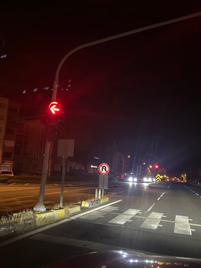The image depicts an urban street scene at night in Ortaca, Turkey. A traffic light is visible, displaying a red arrow indicating a turn restriction. Several cars are on the road. A 'U-Turn Prohibited' road sign is located to the right of the street. A crosswalk is visible with its typical zebra stripes, alongside yellow delineators. Buildings are illuminated in the background.