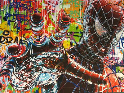 This is a close-up, vibrant, and energetic painting of Spider-Man. The superhero is depicted in his iconic red and blue suit, with a detailed web pattern across the entire costume. Spider-Man's head is visible on the right side of the frame, with his masked eyes reflecting a glint of light. His left arm is extended towards the viewer, with his hand forming a peace sign (or a "web-shooting" gesture) in the foreground.

The background is a riot of colorful paint splatters and drips in shades of red, blue, green, yellow, and white, giving the artwork a graffiti-like, urban feel. Some abstract shapes and lines are also present in the background, adding to the dynamic and chaotic aesthetic.

There are some faint, illegible markings and symbols within the paint splatters that could be interpreted as graffiti tags, but no clear text is discernible. The lighting appears to be even and bright, suggesting it might be an indoor display or a well-lit outdoor setting. The overall mood conveyed by the artwork is one of action, power, and a slightly edgy, modern artistic style. The style suggests a pop art or street art influence. No specific time of day, weather, or location cues are evident beyond the urban art style.