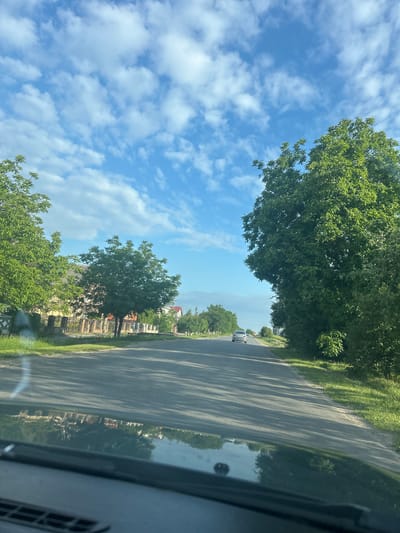 The image depicts a rural road scene in the city of Velyki Hai, Ukraine. The perspective is from inside a vehicle, looking forward. The road is paved and asphalt, with some visible cracks and patches. Sunlight casts long shadows across the road, indicating it is likely late afternoon or early morning.

Flanking the road on both sides are mature trees with dense green foliage, characteristic of a temperate climate. To the left of the road, a row of houses with tiled roofs and fences can be seen, suggesting a residential area. The houses appear to be single-story structures, typical of rural Ukrainian architecture. A white car is visible in the distance, traveling along the road.

The sky above is a bright blue, dotted with fluffy white cumulus clouds, indicating fair weather. The overall impression is one of a peaceful, rural setting, possibly a village or a small town on the outskirts of a larger city. The reflection of the houses and trees is visible on the car's dashboard or windshield, further emphasizing the viewpoint from inside a vehicle. No people are clearly visible in the frame.